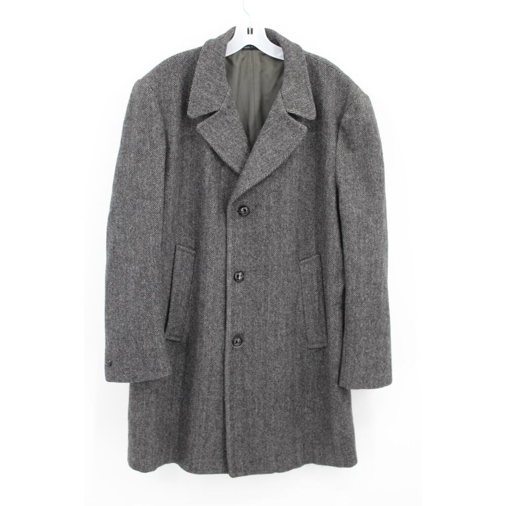 Haggar Imperial Mens Wool Blend Overcoat Size 42 Gray Herringbone
